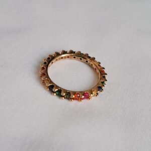 Anel Zircônias Coloridas Dourado